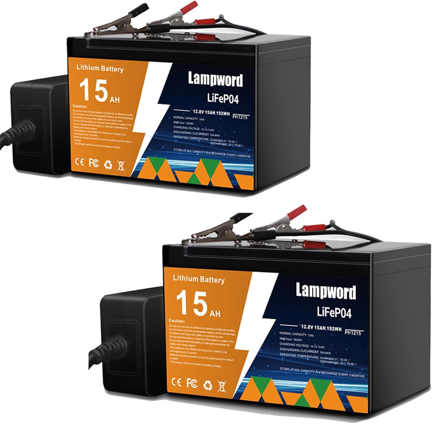 Lithium Battery 2 Packs 12V 15Ah LiFePO4 Battery 2000+ Deep Cycle Rechargeable Batteries for Trolling Motor/Golf Cart/Solar and Wind Power,Lighting,Power Wheels,Fish Finder with Charger