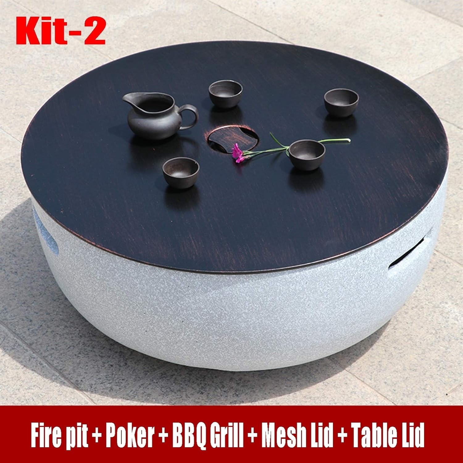 Fire Pits Outdoor Garden Terrace Round BBQ Table, Outdoor Wood Burning Fire Bowl with Spark Screen and Poker, Imitation Stone Leisure Table