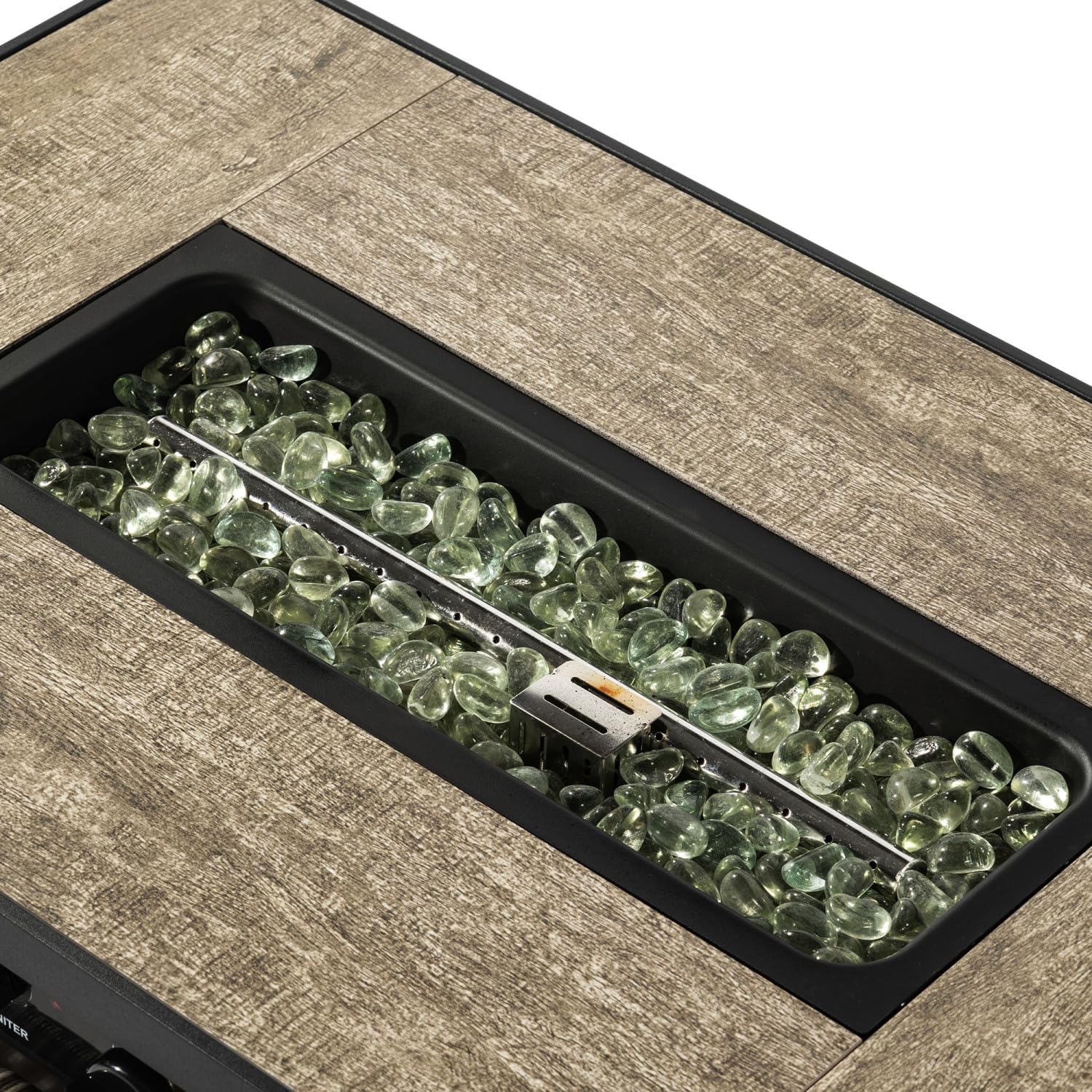 Beige Rattan Fire Pit Table with Tank Holder and Ceramic Tile Tabletop