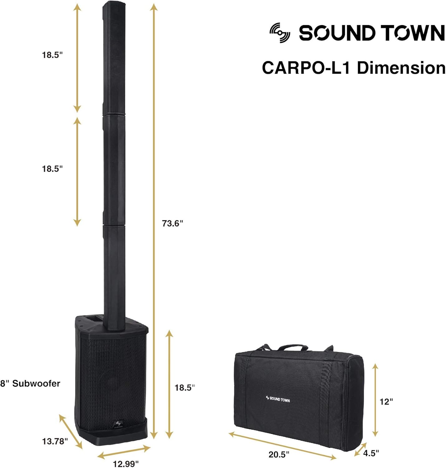 Sound Town Portable Line Array Column PA/DJ System with Sub Bass Module, TWS Bluetooth, Built-in 3-Channel Mixer, Carry Bag (CARPO-L1)