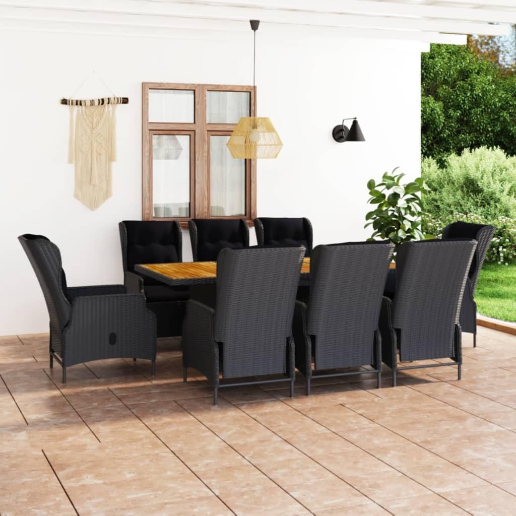 9 Piece Patio Dining Set with Cushions Poly Rattan Dark Gray,Modern Rattan Patio Dining Set with Reclining Chairs and Solid Acacia Wood Tabletop Furniture Sets for Patio, Lawn & Garden