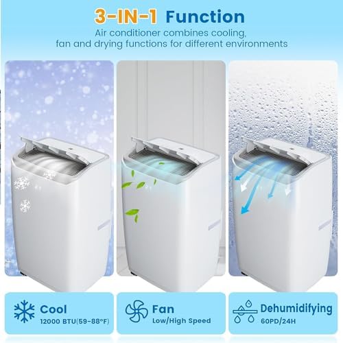 Acekool 12,000 BTUs Portable Air Conditioners with Remote Control, 3-in-1 Portable AC Unit with Dehumidifier & Fan, Cools Room up to 550 sq.ft., Smart/Sleep Mode, 24H Timer