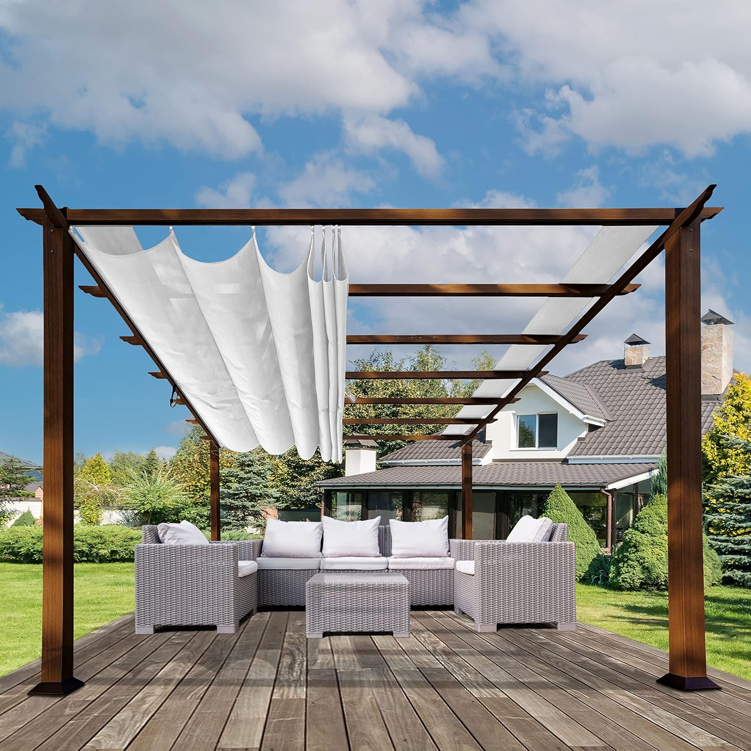 Paragon Outdoor 11'x11' Alumnium Pergola in Chilean Ipe with Soft Top Retractable Canopy for Patio, Porch, Garden, Backyard Gazebo (Off-White Canopy)