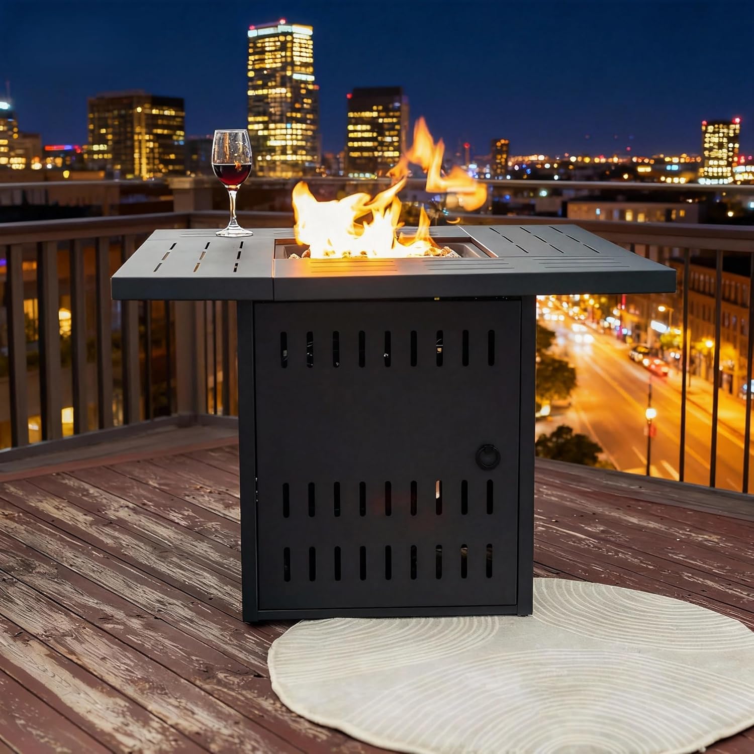 34 Inch Propane Fire Pit Table with Lid, 50,000 BTU Outdoor Steel Fire Pit for Patio, Rectangular Gas Fire Pit Table with Lava Rocks, Black Finish for Garden Backyard Use, Not Included Propane & Cover