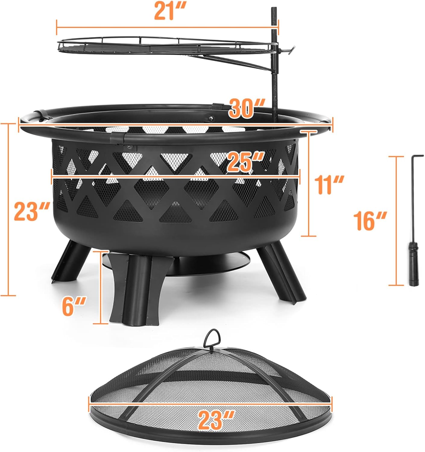 2 in 1 Fire Pit with Cooking Grate 30'' Wood Burning Firepit Outdoor Fire Pits Steel Firepit Bowl Outside with Swivel BBQ Grill, Spark Screen, Poker for Backyard Garden Bonfire Patio
