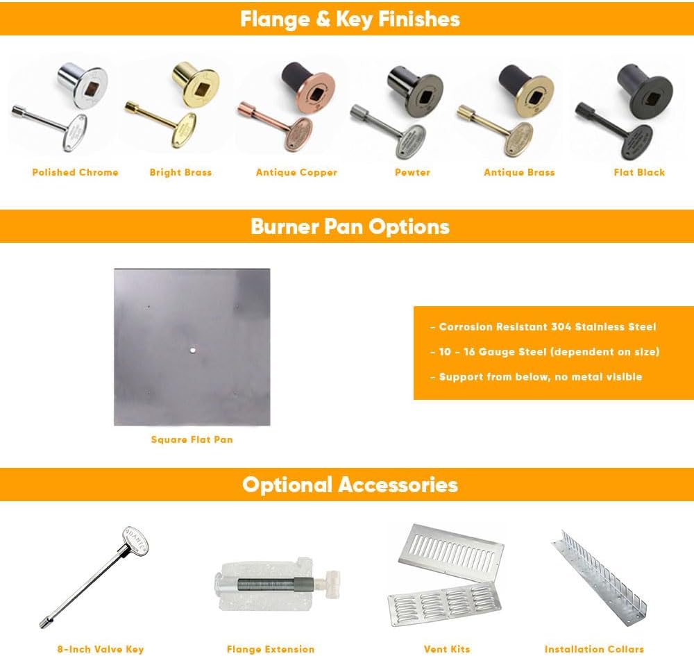 HPC Square Match Lit Fire Pit Burner Kit (FPSSQ12KIT-PAN-LP-MSCB) with 12x12-Inch Burner and 18x18-Inch Flat Pan, Propane, Polished Chrome, with Flange, Key, Valve, Flex Line and Fittings