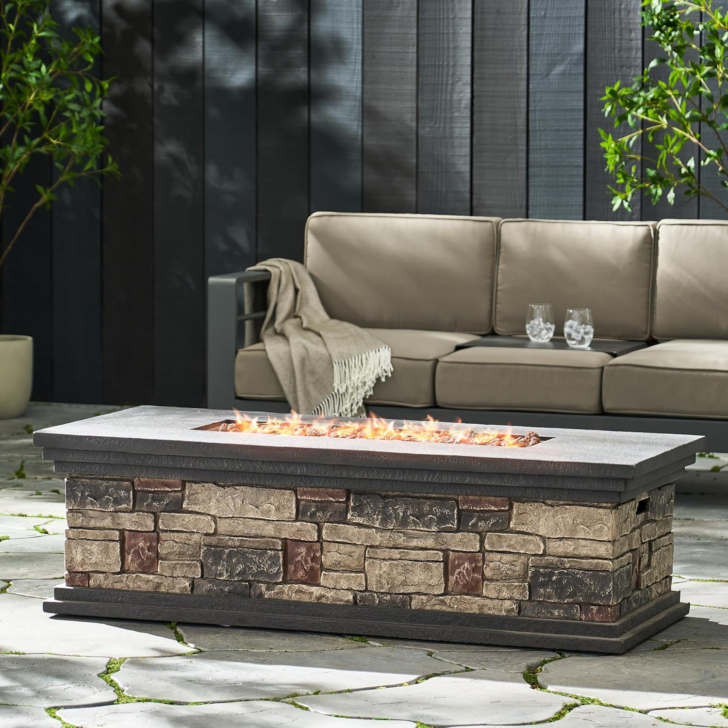 Stone Gray Rectangle Fire Pit – 50,000 Btu Outdoor Propane Fire Pit with Lava Rocks, Durable Steel Construction, Easy Ignition, Patios Backyards (1 Doors)