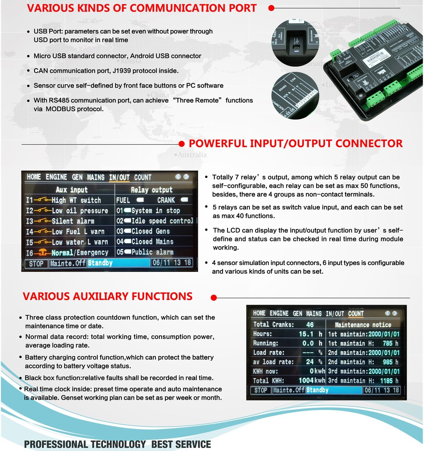 Genset Generator Engine Control Module Panel 4.3 inch LCD Auto Start Stop Controller Monitor Mains Monitor AMF Automatic Switching Control ATS IP54 RS485 USB CAN Port DC 8-36V (DC72DR)