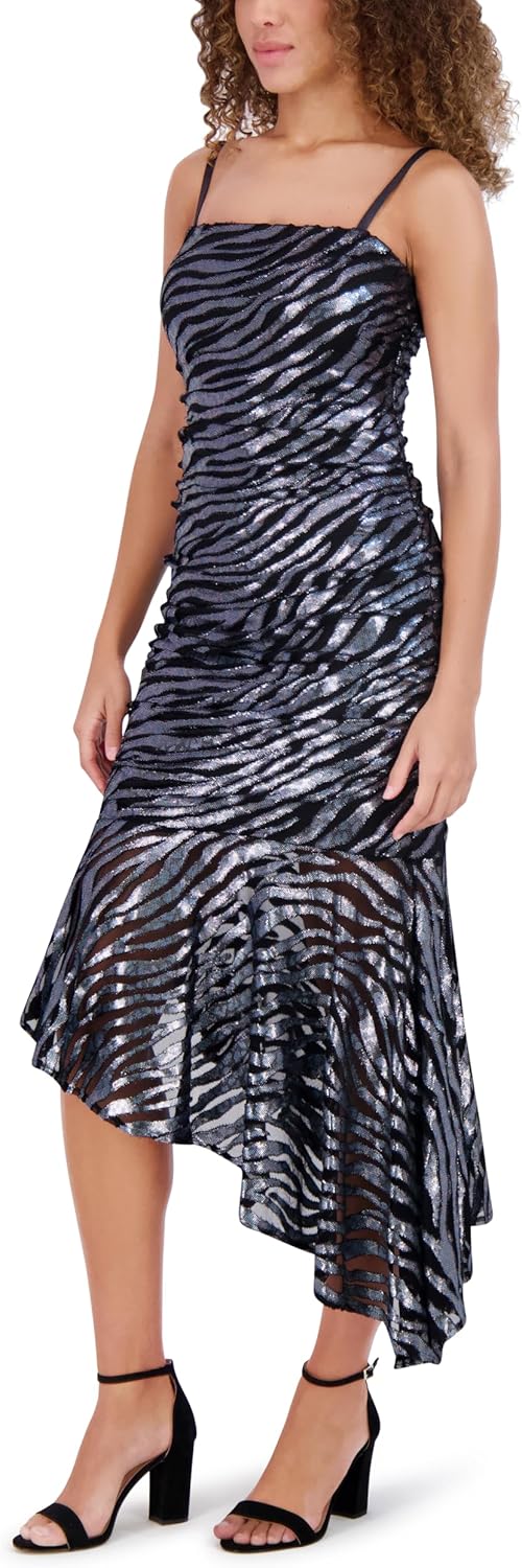 Siena Womens Removable Straps Bandeau Printed Stretch Mesh Asymmetrical Midi Dress