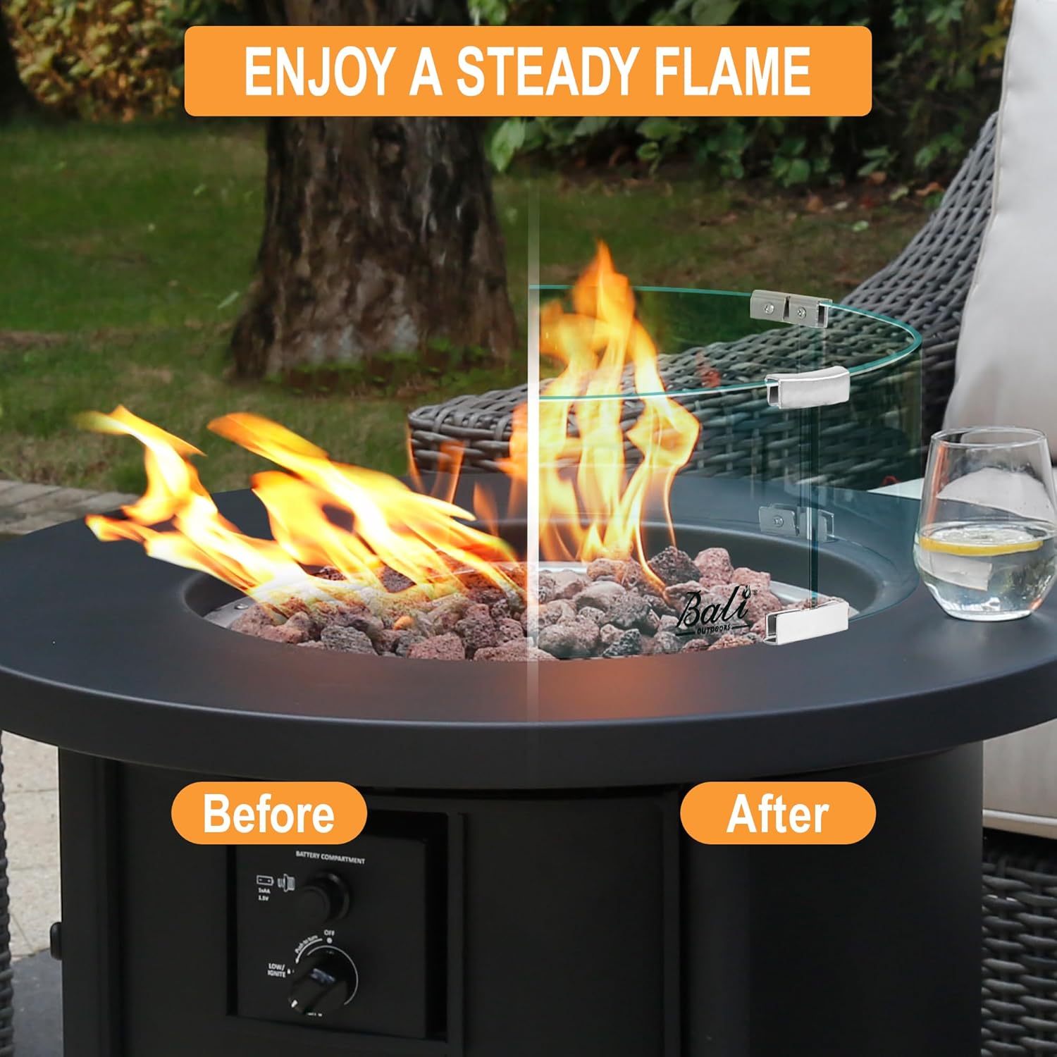 BALI OUTDOORS Fire Pit Wind Guard, 18.5 x 18.5 x6 Inch Clear Tempered Glass Flame Guard with Hard Aluminum Corner Brackets, Fits for Round Outdoor Fire Pit