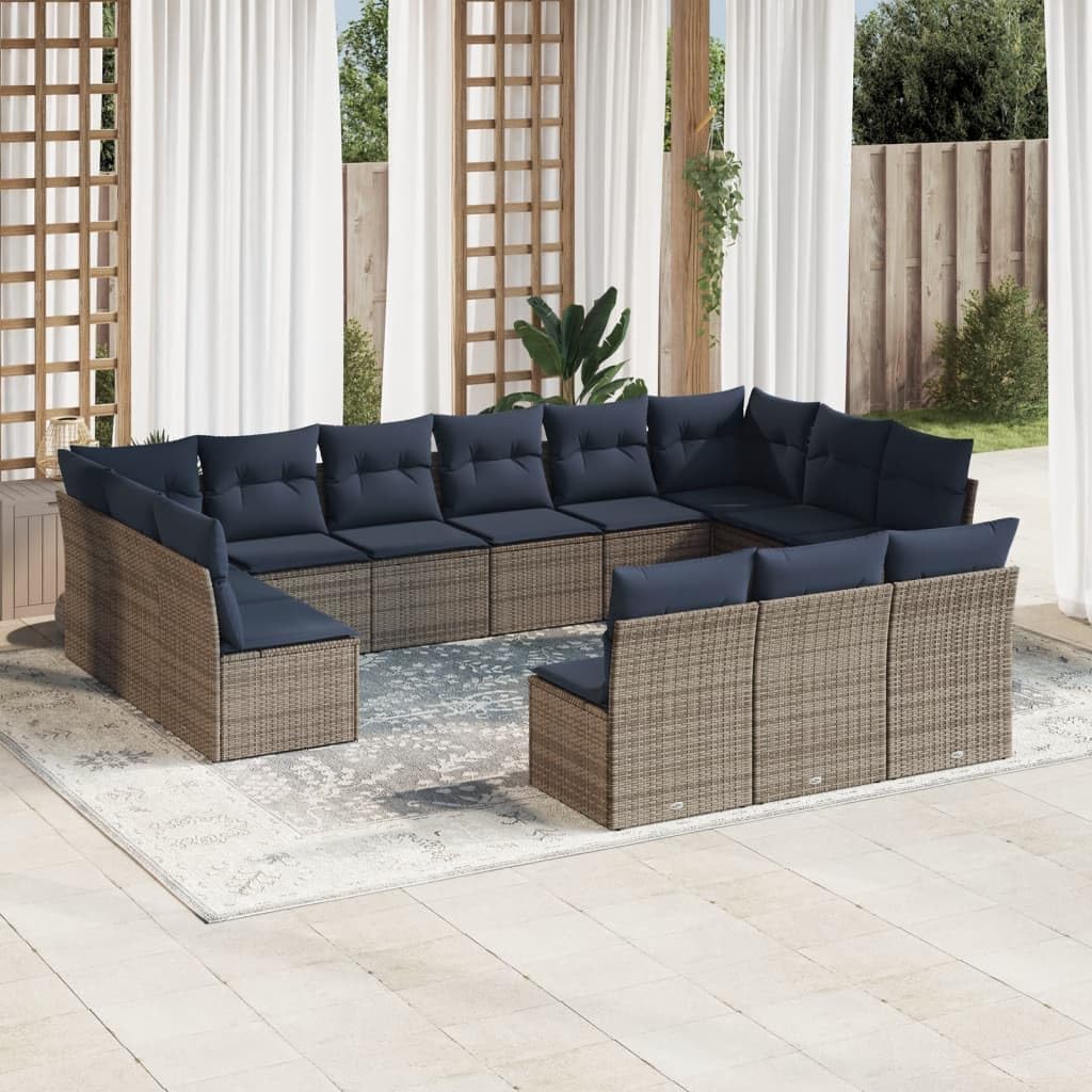 Gray 13-Piece Patio Sofa Set, Poly Rattan Outdoor Furniture with Cushions, Modular Garden Seating for Backyard, Terrace, Balcony