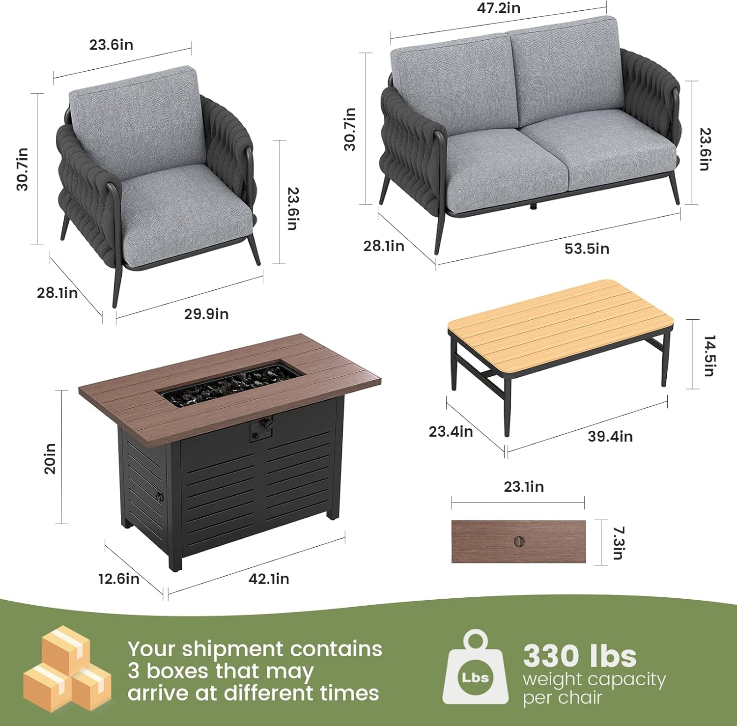 4 Seats Outdoor Patio Sofa Set with 42 Inch Gas Fire Pit Table 50000 BTU Propane Firepit for Deck Garden Backyard Balcony