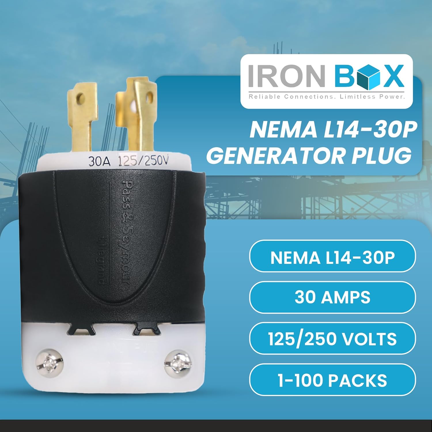 IronBox Electric - Heavy Duty NEMA L14-30P Plug - Rated 30A 125/250V - 4 Prong for 7500W Generators - Industrial Grade L14-30P Plug - UL Listed - Mounts onto 10/4 or 8/4 AWG Electrical Cable(10 Pack)