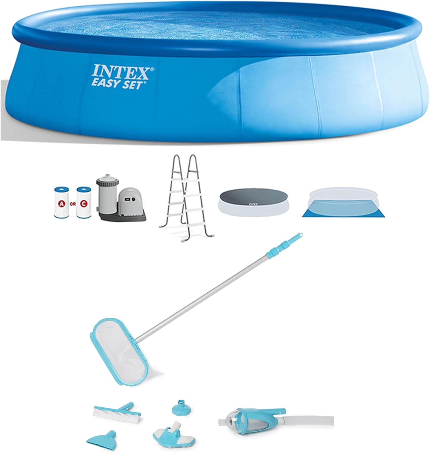 Intex Easy Set Round Above Ground Inflatable Swimming Pool with Filter Pump, Ladder, and Deluxe Maintenance Pool Cleaning Kit, Blue