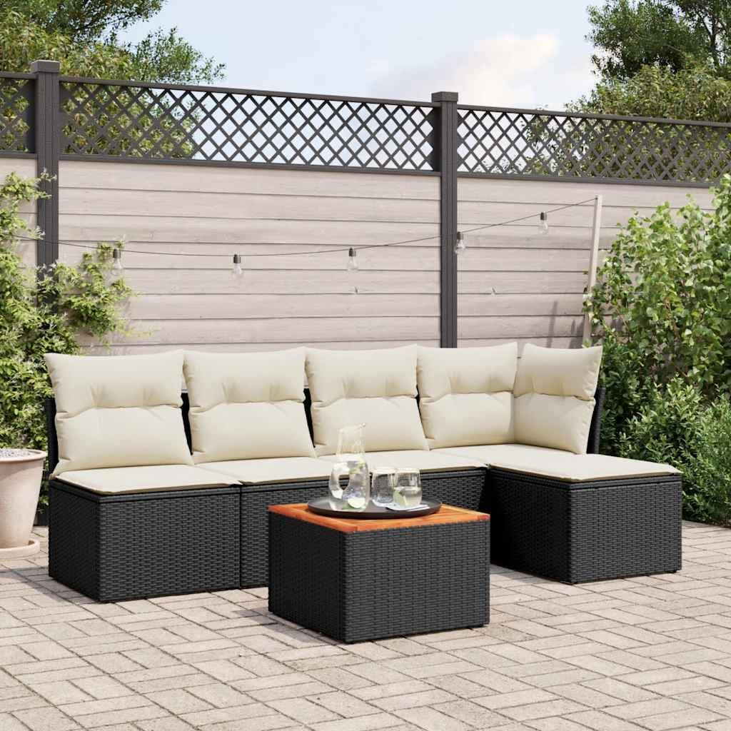 6-Piece Garden Sofa Set, Black Poly Rattan Acacia Wood Patio Furniture, Modular Outdoor Table and Chairs for Balcony Backyard