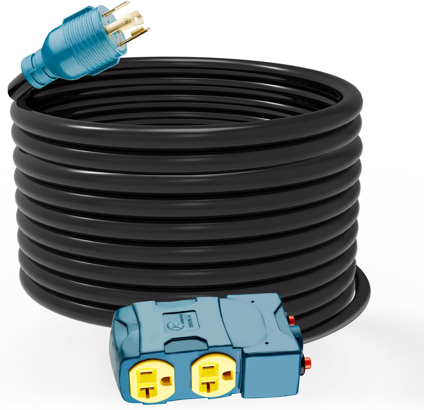 30 Amp to 20 Amp 110V Generator Distritution Cord with Circuit Breaker,NEMA L14-30P/Four 5-15R, 4 Prong 10 Gauge Flexible Generator Power Cord,30Amp 7500 Watts (25FT)