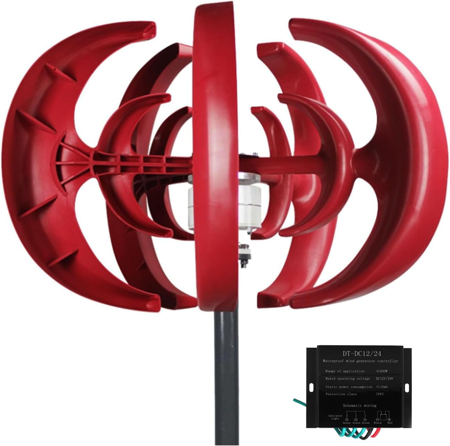 12v,HYZHANHONG 220V 12V 24V 48V Low Noise DC Wind Turbine Generator 12000W Vertical Axis Wind Turbine Unit with Controller for Home or Camping (Red, 5 Blades)