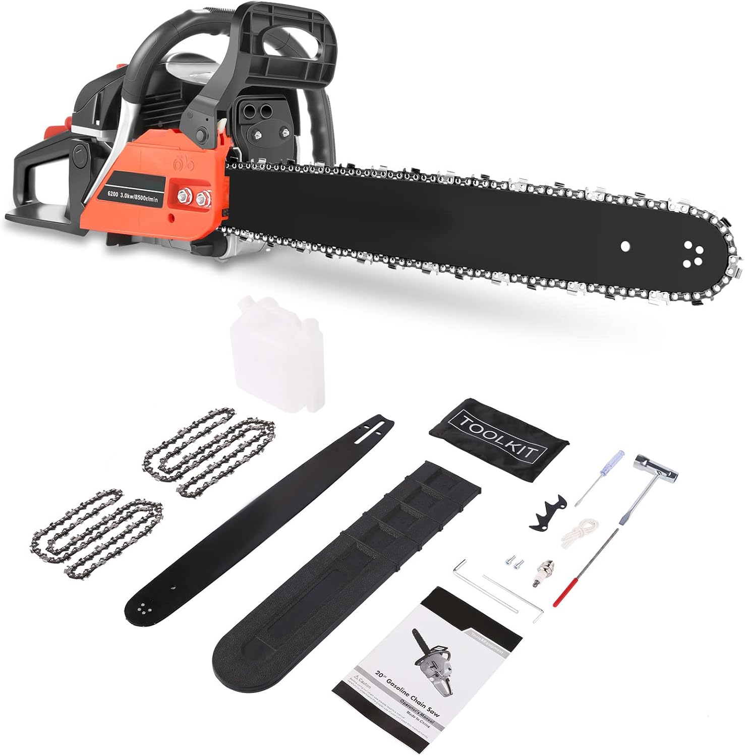 62CC Gas Chainsaw 20 inch Professional Power Chain Saw 2-Cycle 3.5 HP Gas Powered Chainsaw with 2 Chains Cordless Handheld Chain Saws for Tree Wood Cutting