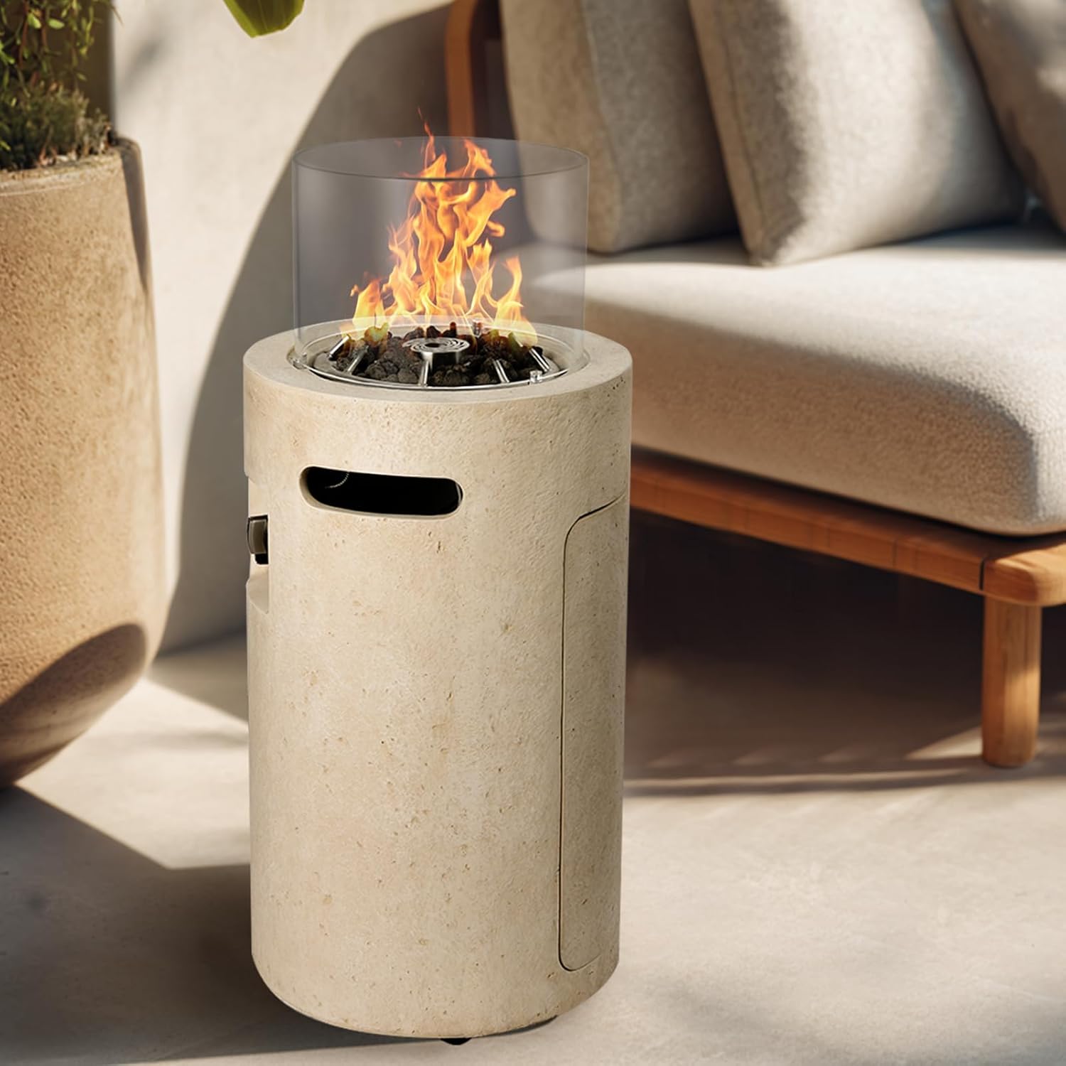 16 inch Propane Fire Column, 50,000 BTU Outside Gas Fire Pit with Glass Wind Guard, Lava Rocks for Outside Patio, Garden, Backyard