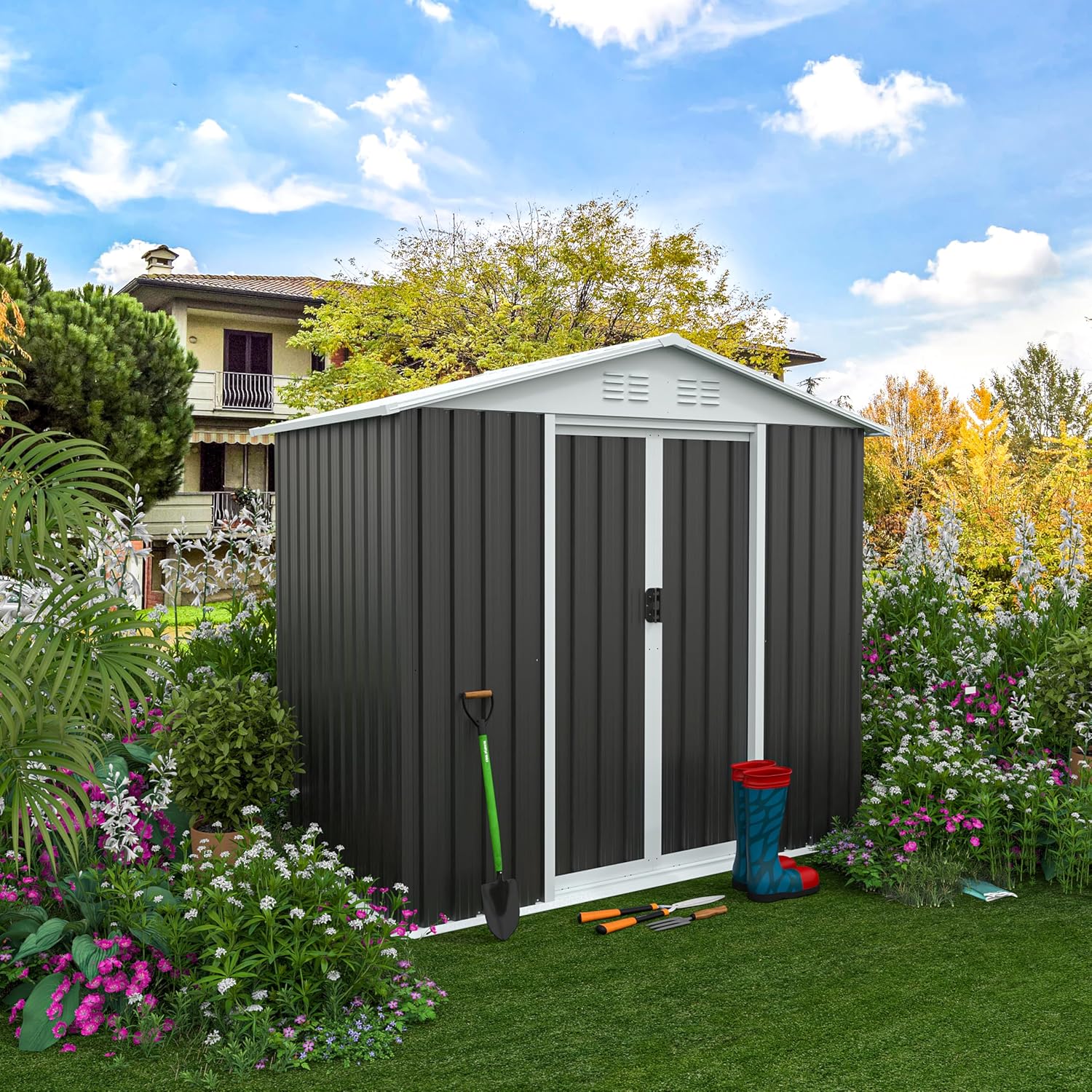 8x6 FT Outdoor Storage Shed Waterproof Metal Garden Tool Bike Sheds Kit Lean to Backyard Storage Building Cabinet House with Aluminum Alloy Frame,6X4 Feet Grey