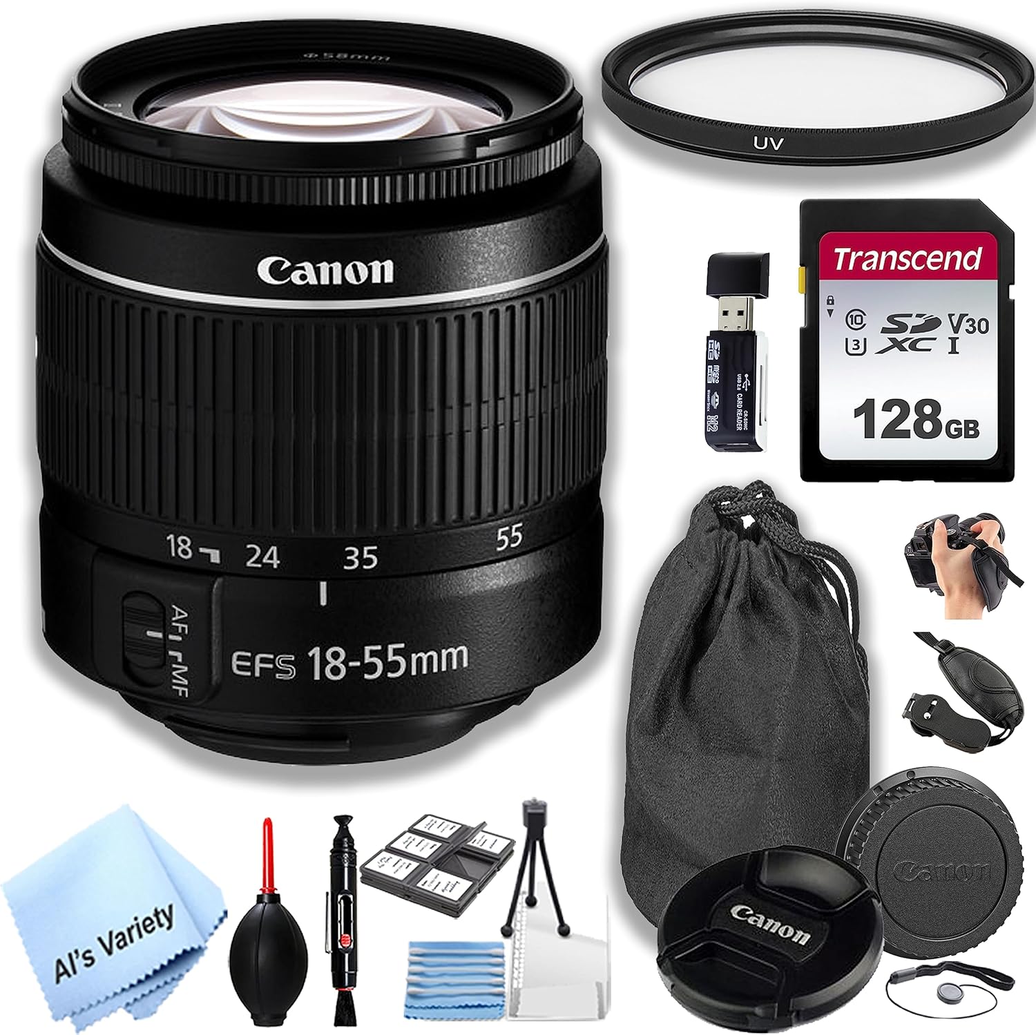 Canon EF-S 18-55mm f/3.5-5.6 III Lens (White Box)+128GB Memory + UV Filter +Lens Pouch +Grip + More (18pc Kit) (Renewed)