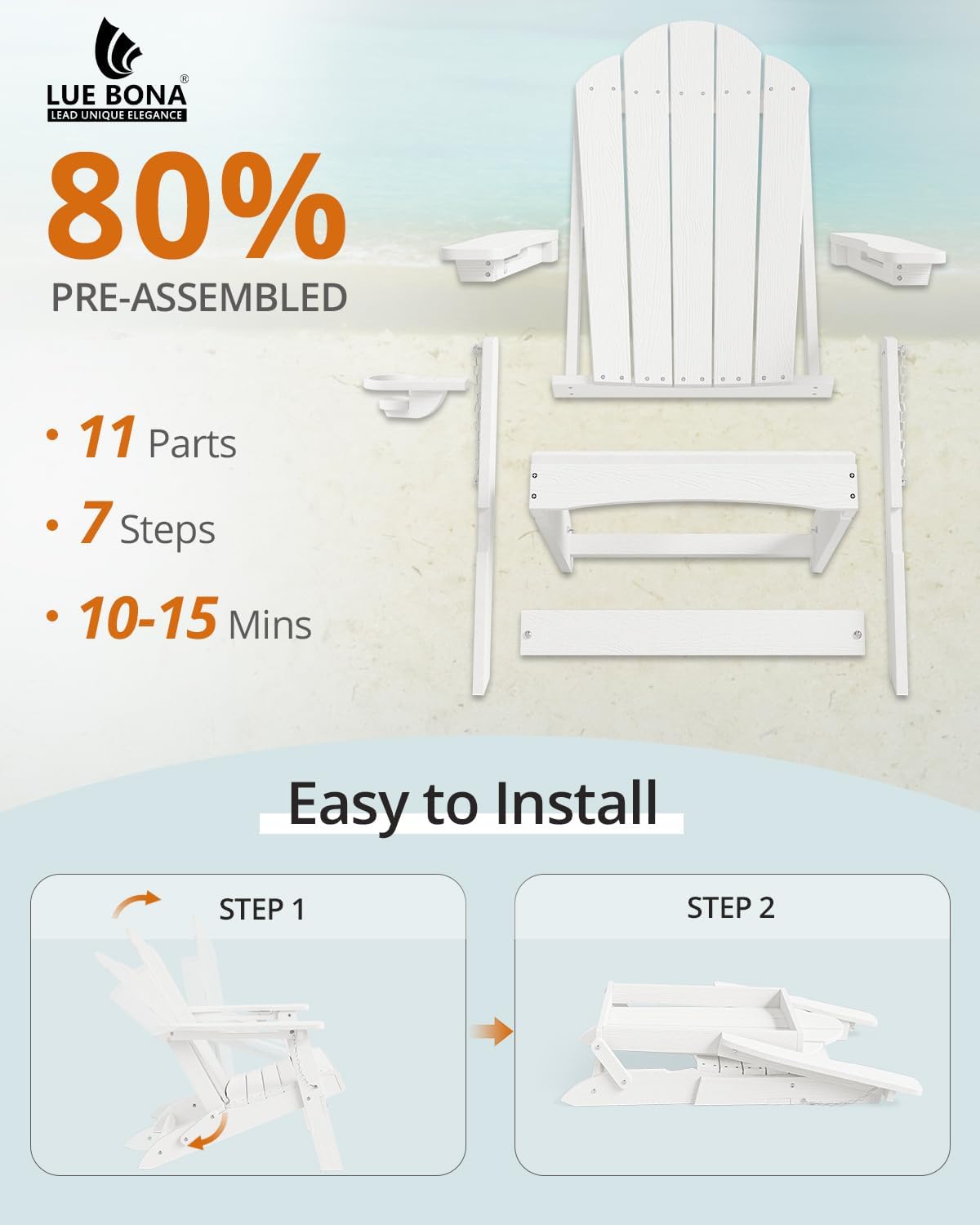 LUE BONA Folding Adirondack Chair, Chairs Set of 4, Cup Holder, Woodgrain, Fire Pit, Patio, Pool, White