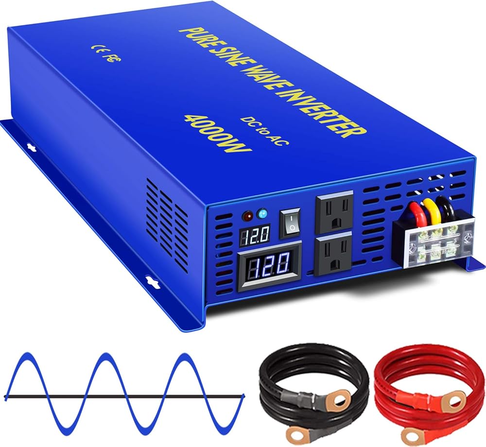 4000 Watt Pure Sine Wave Inverter 12V DC to 120V AC, 4000W Power Inverter Surge 8000W Power Converter for Solar System, RV, Car, Truck (4000W 12V 120V Blue