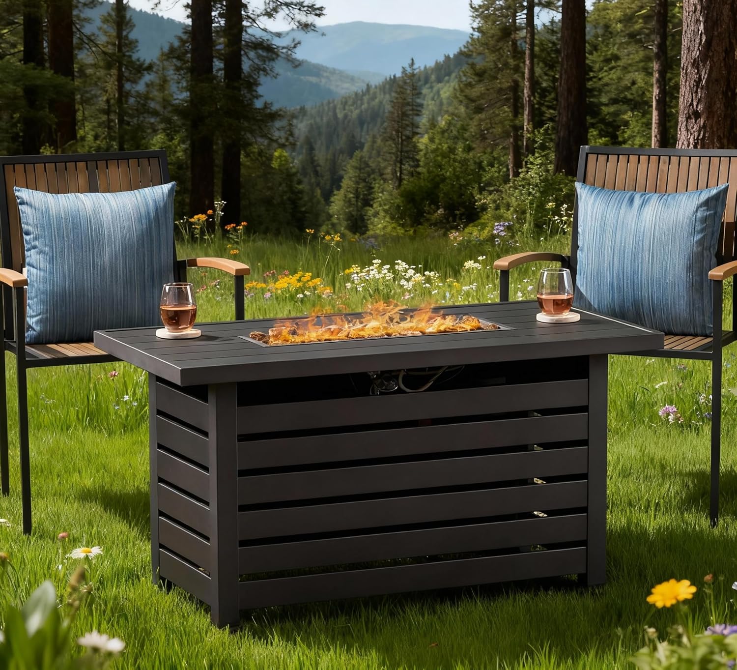 Propane Fire Pit Table, 30,000 BTU 45 Inch Rectangular Outdoor & Indoor, Portable Iron Gas Fire Pits for Outside Patio Backyard Garden, No Assembly, Only Table (Not Included Propane & Cover) - Black