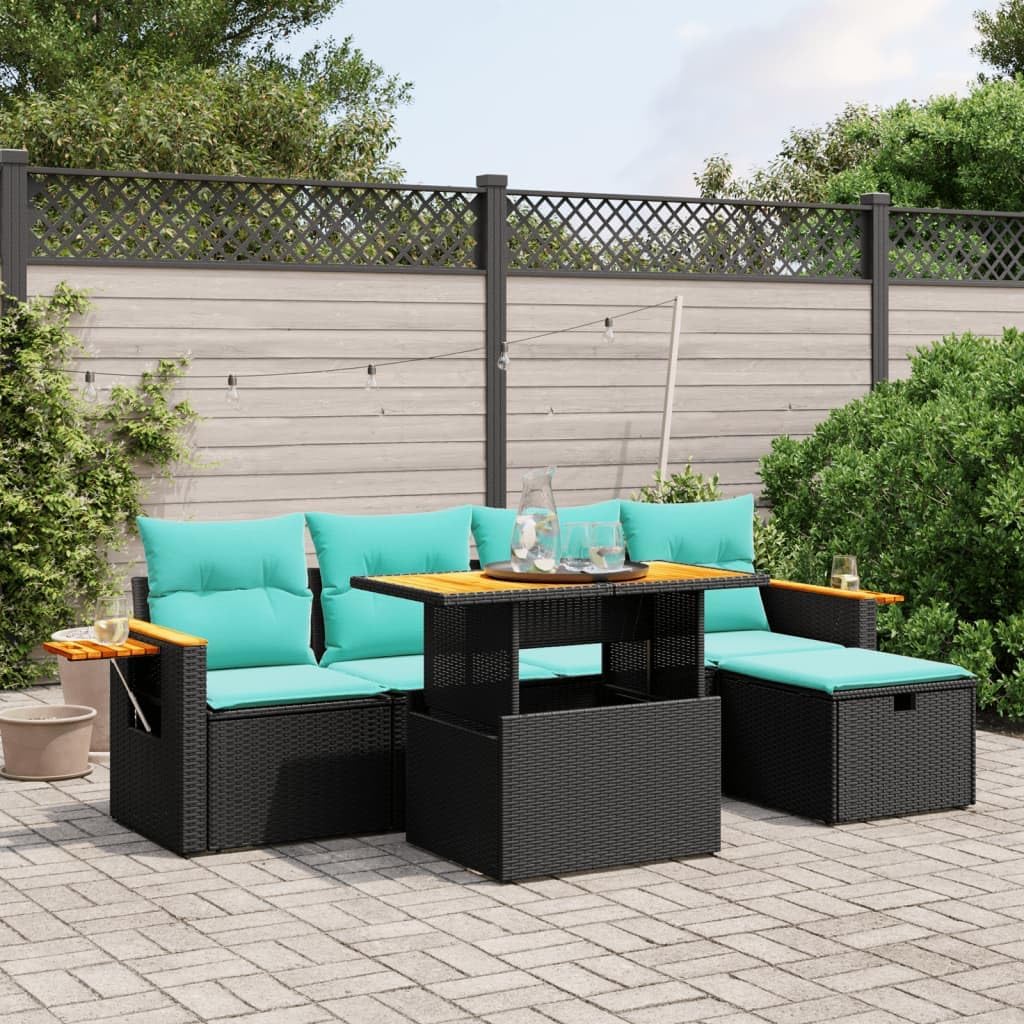 6 Piece Patio Sofa Set, Black Poly Rattan Outdoor Furniture with Adjustable Tabletop, Cushions, Modular Design for Garden, Terrace, Balcony