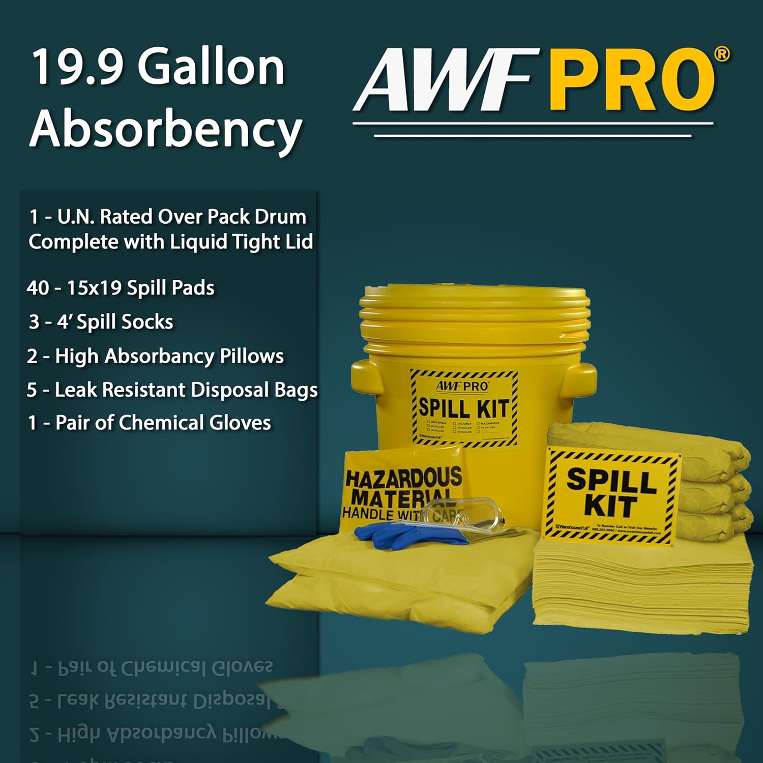 AWF PRO 20 Gallon Hazmat Spill Kit, 59 Pieces – 20 gal DOT Approved Drum, Socks, Pads & Pillows, & Accessories