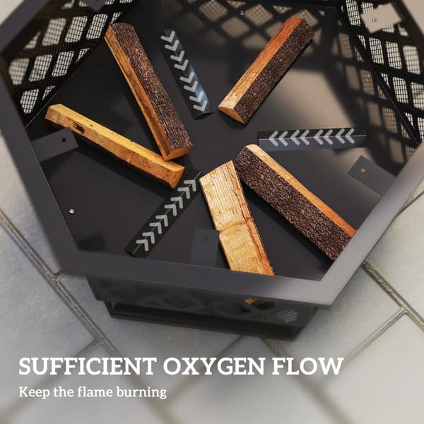 Outdoor Fire Pit 2-in-1 BBQ Grill Fire Pit with Spark Screen Lid, Fire Poker, Grill Grate, Hexagon Steel Wood Burning for Patio, Backyard, Camping