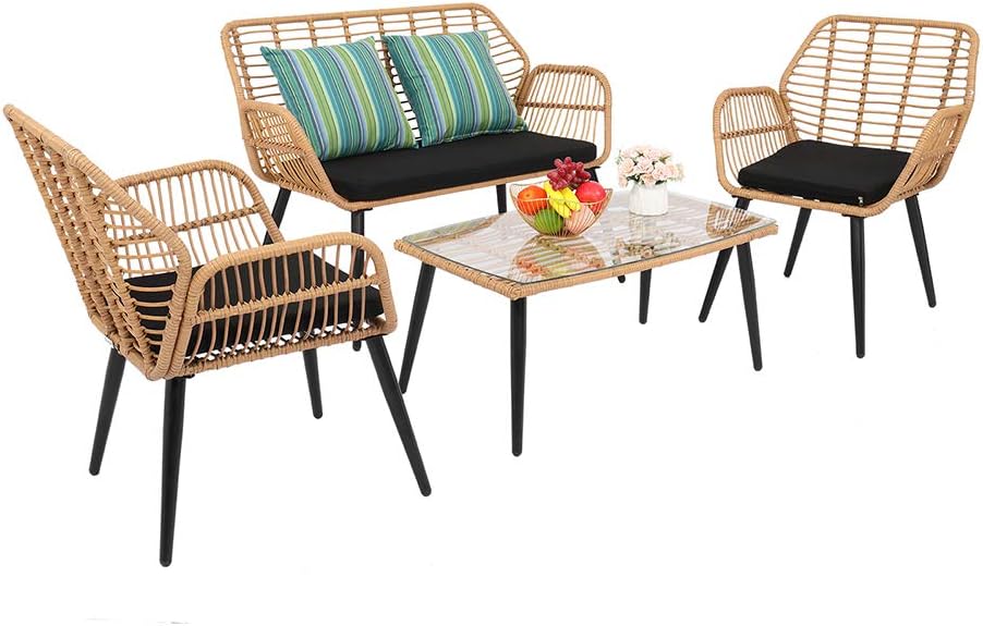 Rattan Garden Furniture 4 Piece Set, Patio Outdoor Conservatory Wicker Chairs Set includes 1 Double seat Sofa, 2 Armchairs and Glass Top Side Table