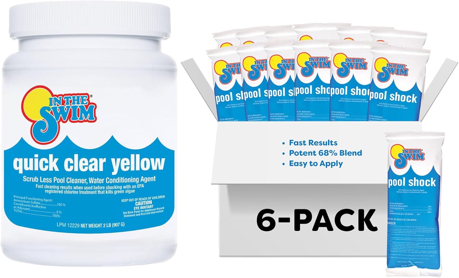 In The Swim Yellow Algae Treatment Kit – 2 Lb Quick Clear Yellow + 6 x 1 Lb Cal Hypo Pool Shock – 2-Step Solution for Mustard Algae Removal and Crystal-Clear Water