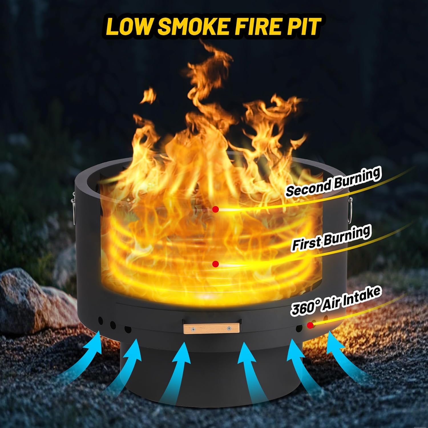 GarveeLife 26 in Smokeless Fire Pit with Removable Ash Pan, Wood Burning Firepit Table with Lid&Fire Poker,Smokeless Outdoor Fireplace with Dust Bag, Outdoor Fire Pits for BBQ, Table, Bonfire, Camping