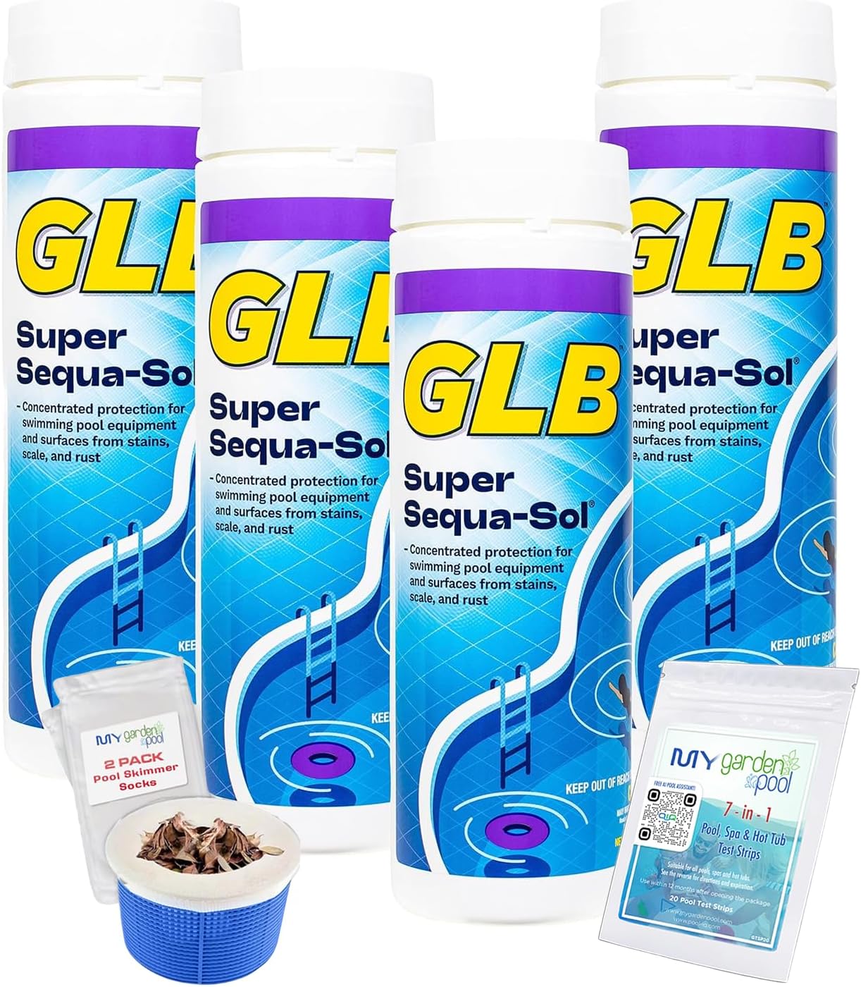 GLB Super Sequa-Sol 2 LB (71024A) Granular Stain Control Formula with My Garden Pool Skimmer Socks & 7-in-1 Test Kit, 4-Pack