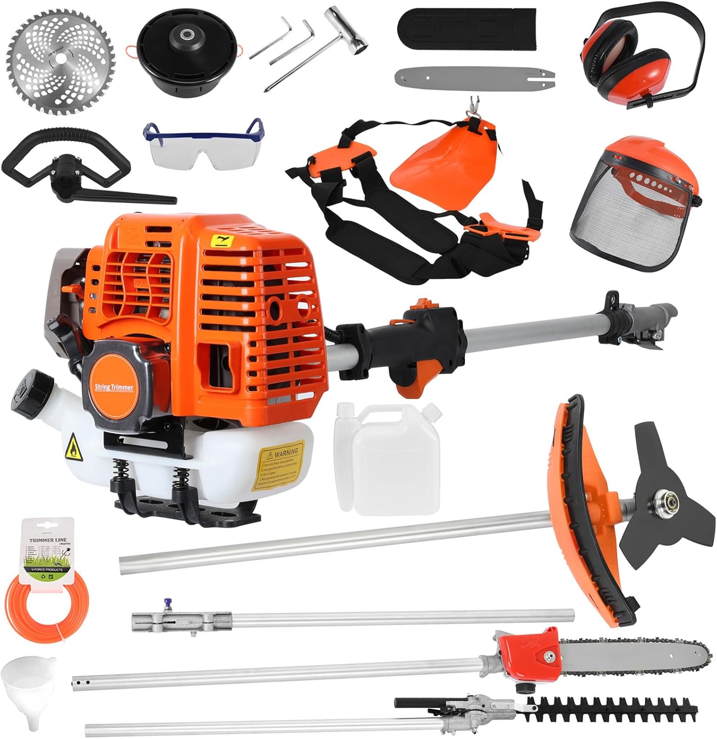 Weed Wacker Hedge Trimmer, 5 in 1 52cc Gas Weed Eater Trimmer, Multi Functional Cordless Chainsaw Weed Eater Gas Powered with Extension Pole, Grass String Trimmer for Lawn Care (Orange)
