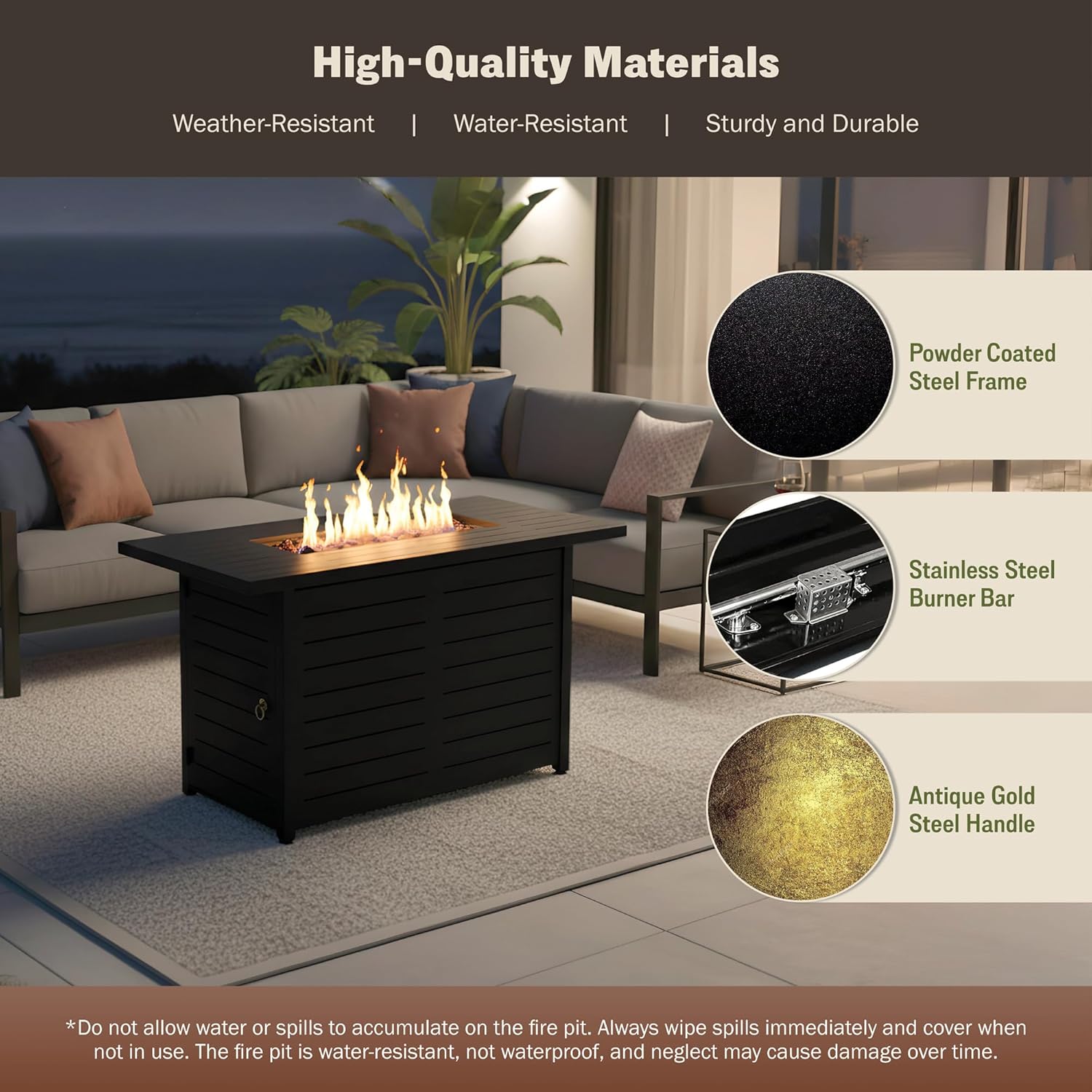 Kinger Home 42-Inch Ore Outdoor Propane Fire Pit Table 50000 BTU, Powder-Coated Stainless Steel Patio Firepit with Lava Rocks, Black
