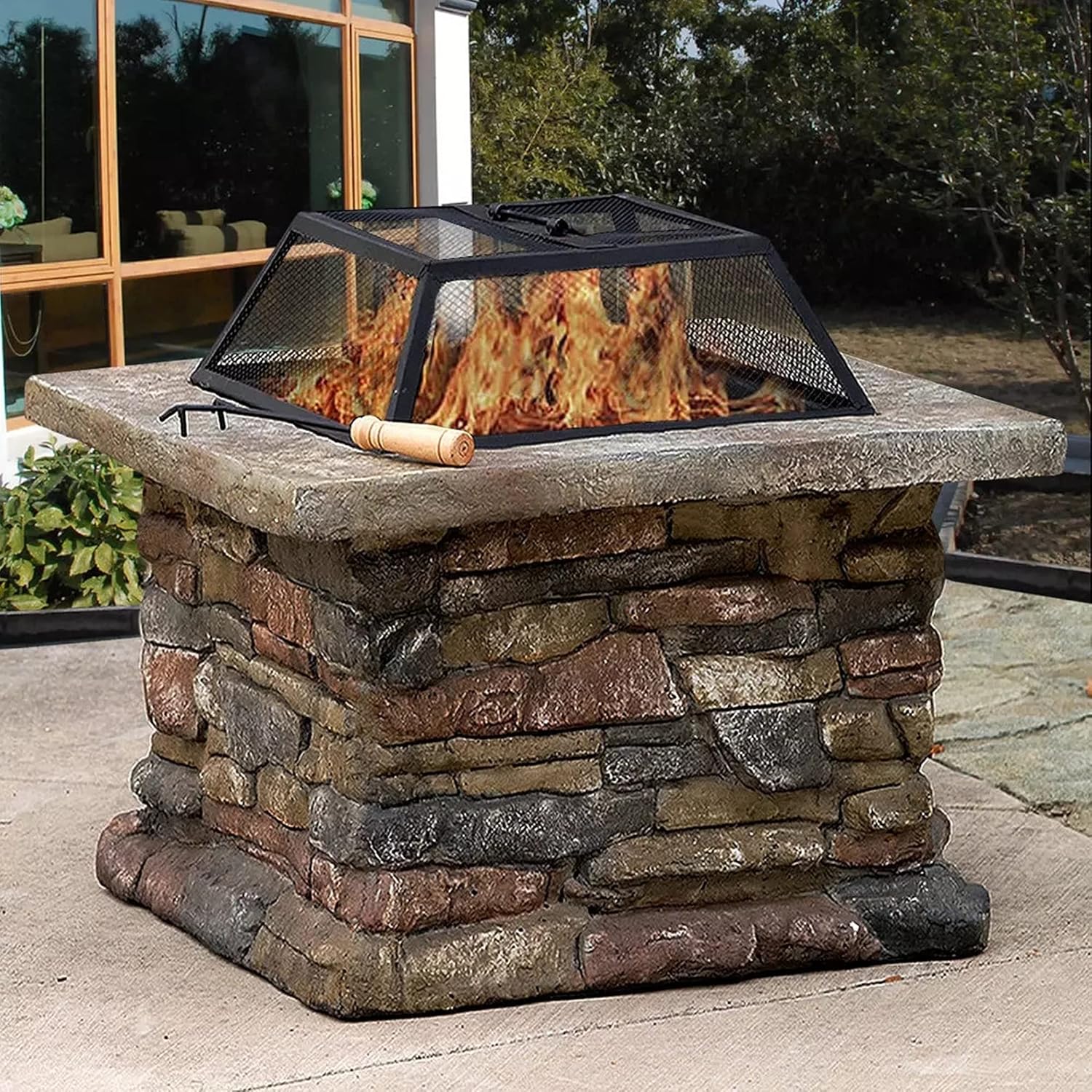Wood Burning Fire Pit, Outdoor Fire Pits Table,Spark Screen Cooking Grate Poker, Patio Bonfire BBQ Grill Firepit Bowl