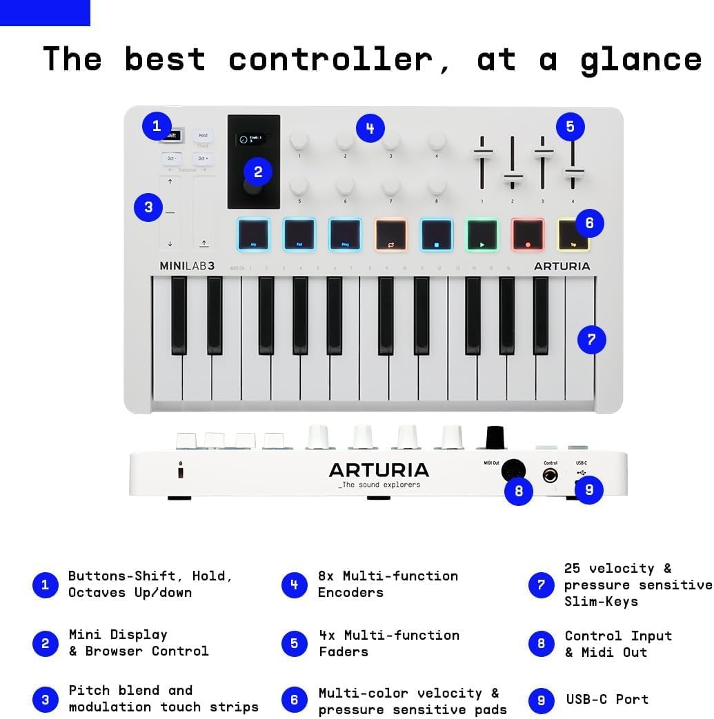 Arturia MiniLab 3 MIDI Controller & MiniFuse Recording Pack Audio Interface Bundle - White