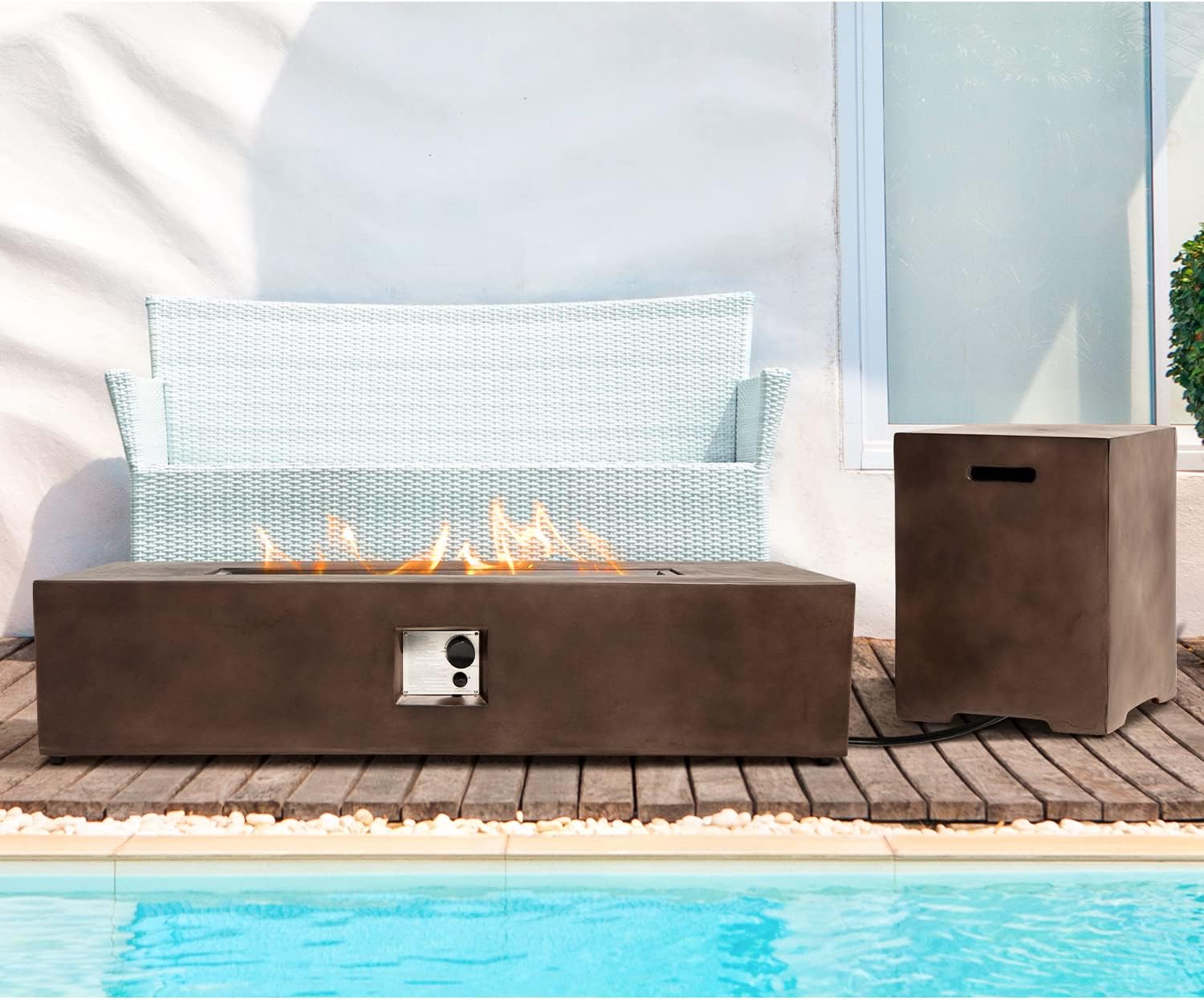 Patio Propane Gas Fire Table w 20lb Tank, 50,000 BTU Outdoor Rectangle Fire Pit, Concrete-Like Finish with Lava Rocks, Rain Cover, 56x29inches, Bronze