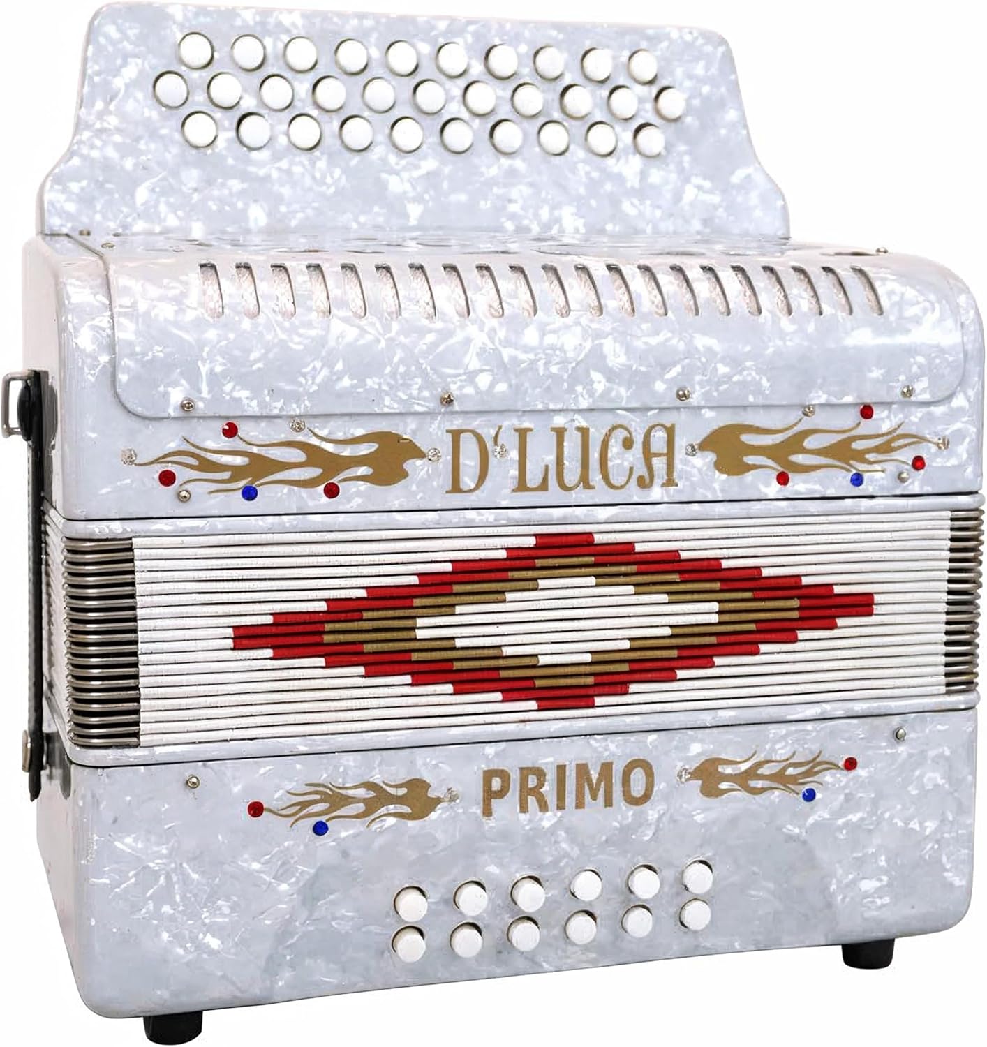 D'Luca Primo Button Accordion 31 Keys 12 Bass on FBE Key with Case and Straps, White