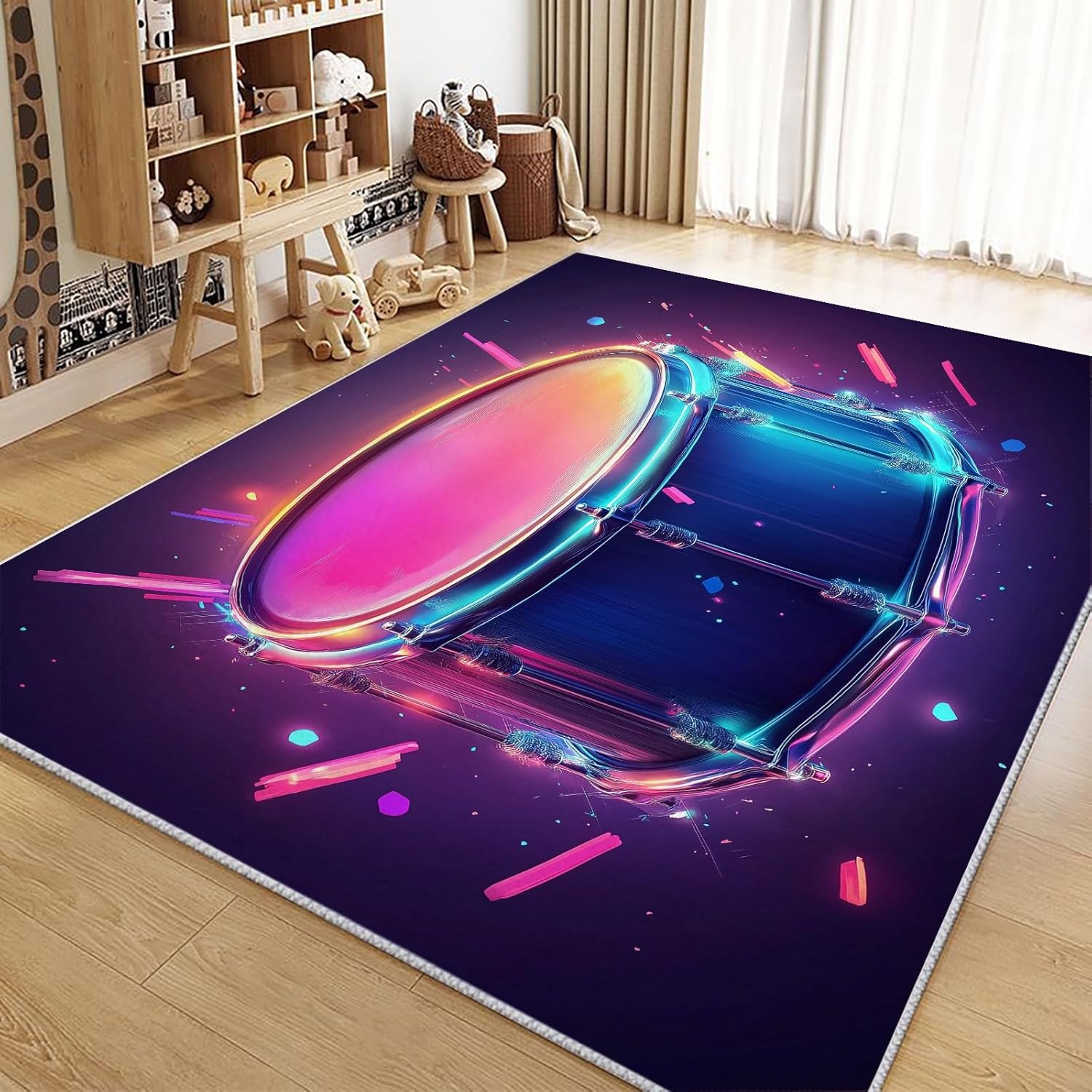 Machine Washable Area Rugs with Non-Slip Backing, Game Art Style Neon Drums Indoor Rug Low Pile Floor Carpet Music Drum for Dining Room Bedroom Dorm Office Home Decor 4x6 ft
