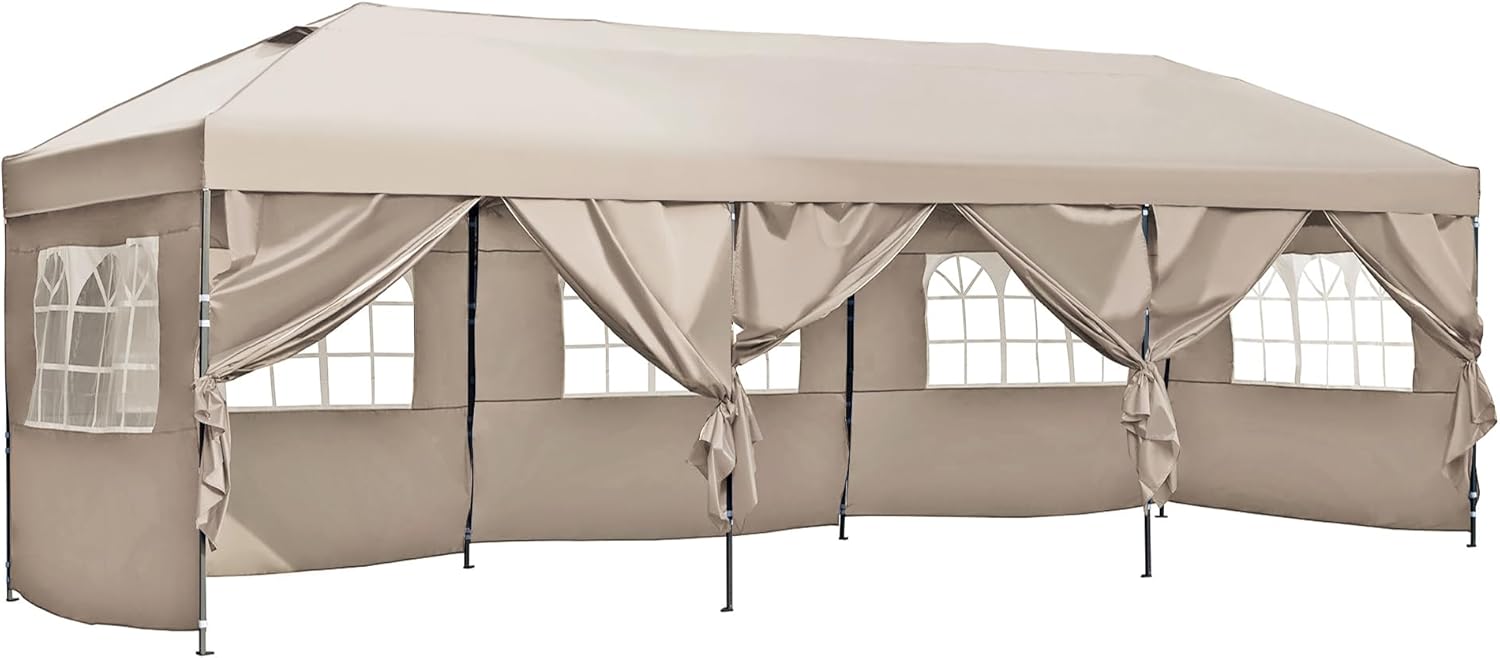 10x30 Pop Up Canopy with Sidewalls, Heavy Duty Outdoor Party Tent with Wheeled Bag, for Patio,Wedding, Backyard (Khaki)