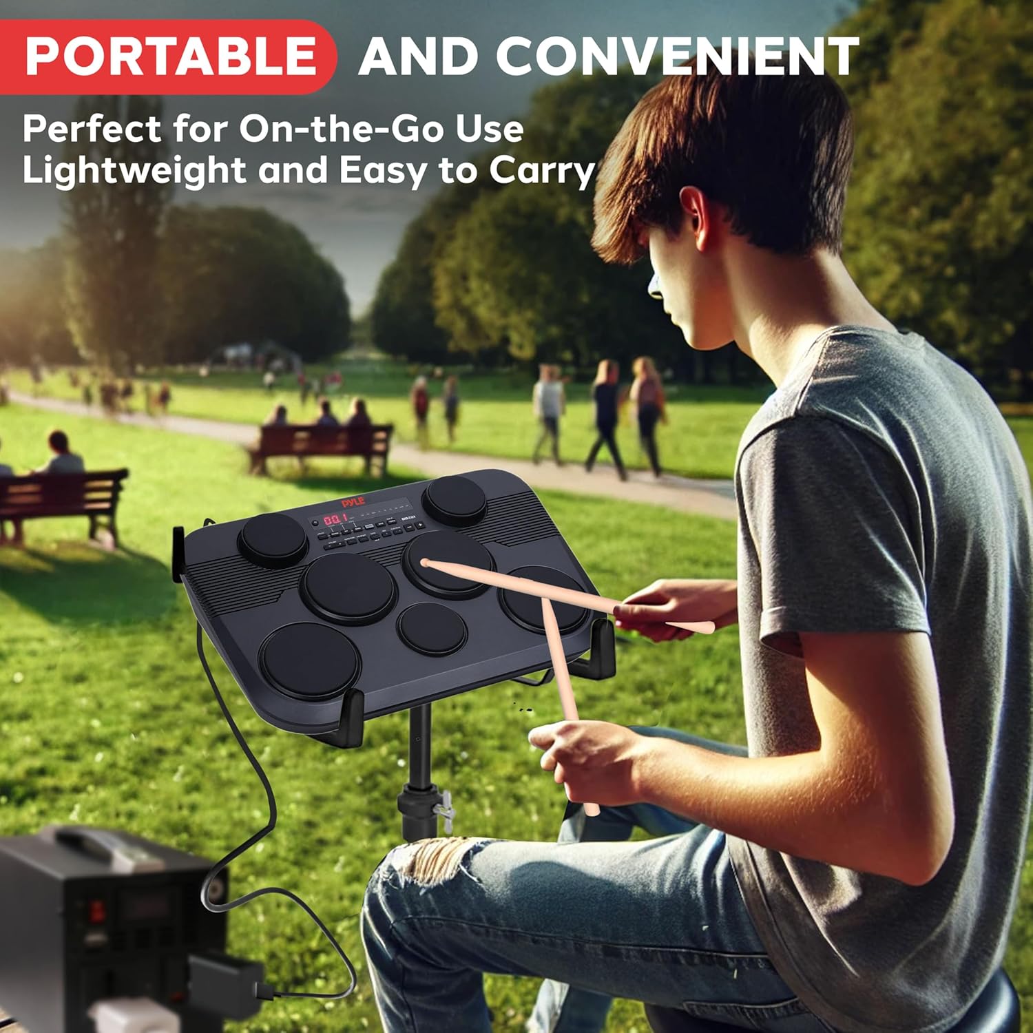 Pyle Electronic Tabletop Digital Drum Set, Compact Portable Drum Pad Kit w/ 7 Touch Sensitive Drum Pads and Pedals, 273 Sounds, USB & Headphone Outputs, MIDI/AUX Inputs, 4x5” Drums & 3x3.5” Cymbals