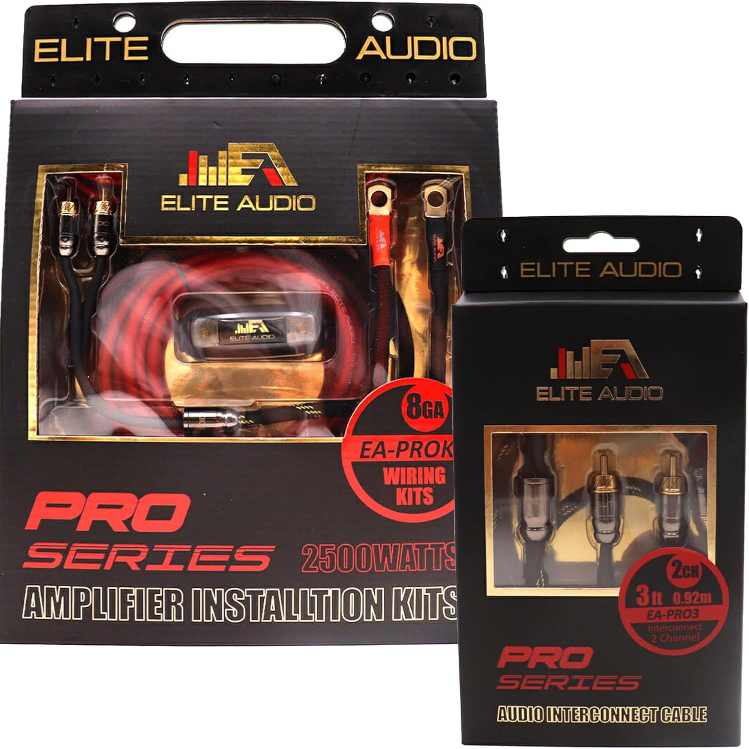 Elite Audio Pro Series Amplifier Wiring Kit & 2-Channel RCA Combo - 2500w Max Power, 8GA (AWG) Cables, Dual RCA Sets, ANL Fuse & Holder (Model: EA-PROK8 + EA-PRO3)