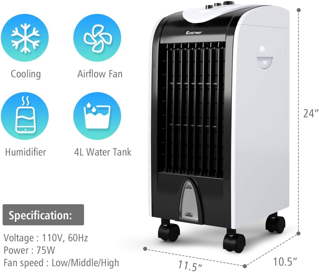 ARLIME Evaporative Air Cooler, Portable Cooling Fan with Humidifier, 28 Inches 7.5H Timer Knob Control 3 Wind Speed & 3 Mode with 4 Wheels and 2 Ice Boxes for Home Office Dorms