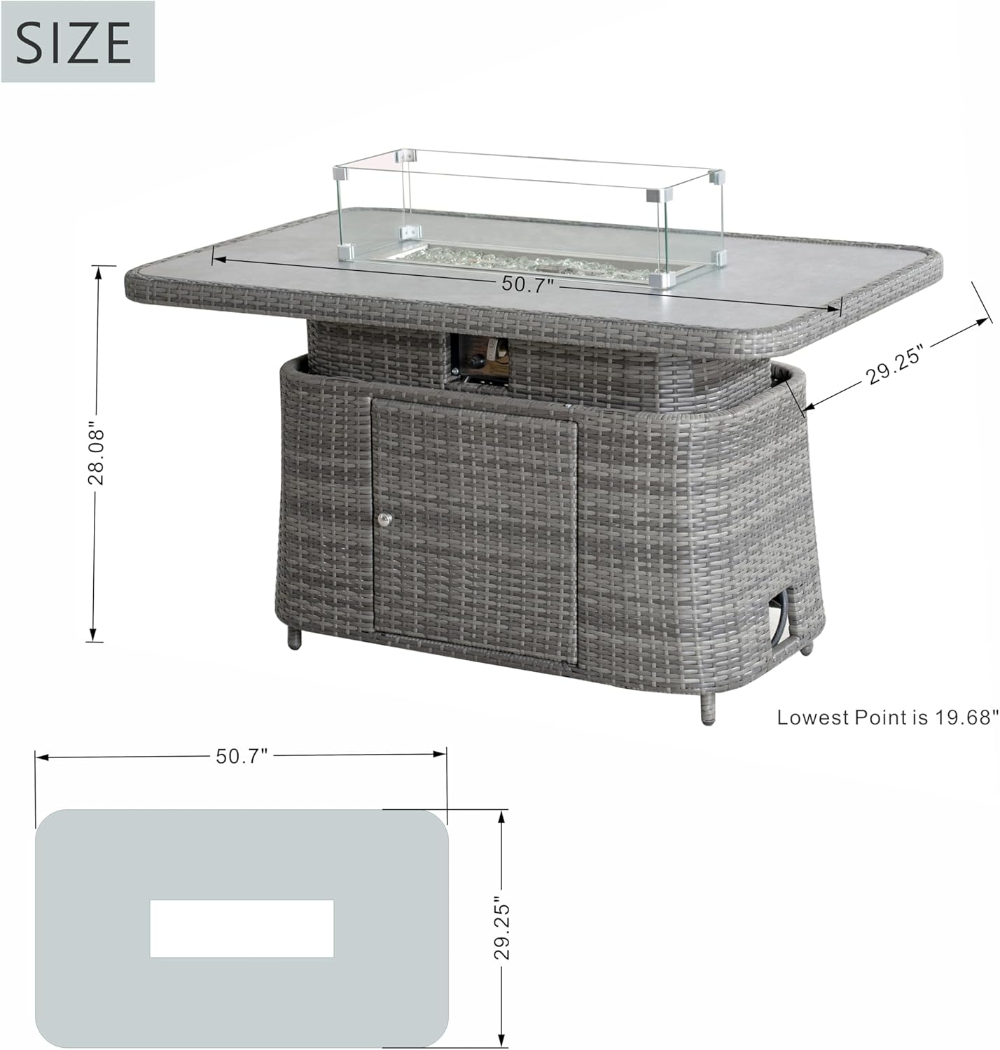 Height Adjustable Fire Pit Table, 2-in-1 Design with 50,000 BTU Burner, Brown Rattan Wicker, 19.68-28.34 inch Adjustable Height, Glass Wind Guard (Grey)