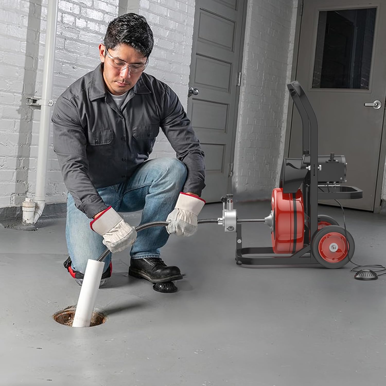 75Ft 1/2 Inch Electric Drain Cleaner Machine, 450w Portable Sewer Snake with Auto-Feed System, Air-Activated Foot Switch & 5 Cutters for 2