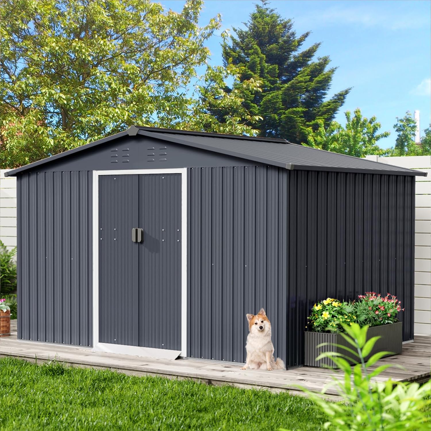 Acekool 10x12 FT Outdoor Metal Storage Shed, Large Garden Tool Shed with Lockable Door and Vents, Waterproof Galvanized Metal Sheds for Tools & Equipment, Garbage Can, Bike, Mower, Gray