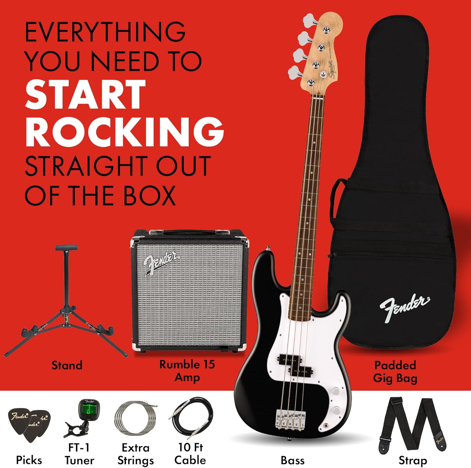Fender Squier Debut Series Precision Bass Guitar Pack, Beginner Guitar Pack, 2-Year Warranty, Includes Rumble 15 Amplifier, Padded Gig Bag, Instrument Cable, and More, Black with Satin Urethane Finish